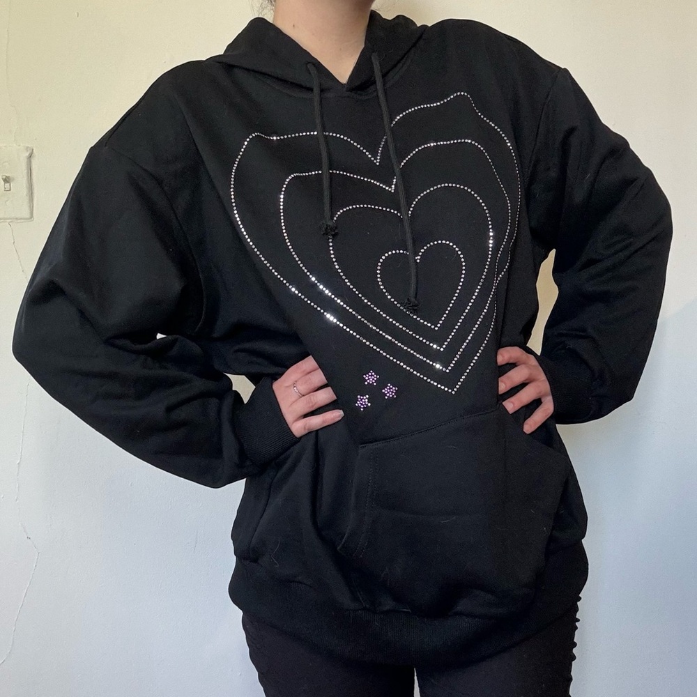 NWT Pretty Damage Black Hoodie with Rhinestone Hearts